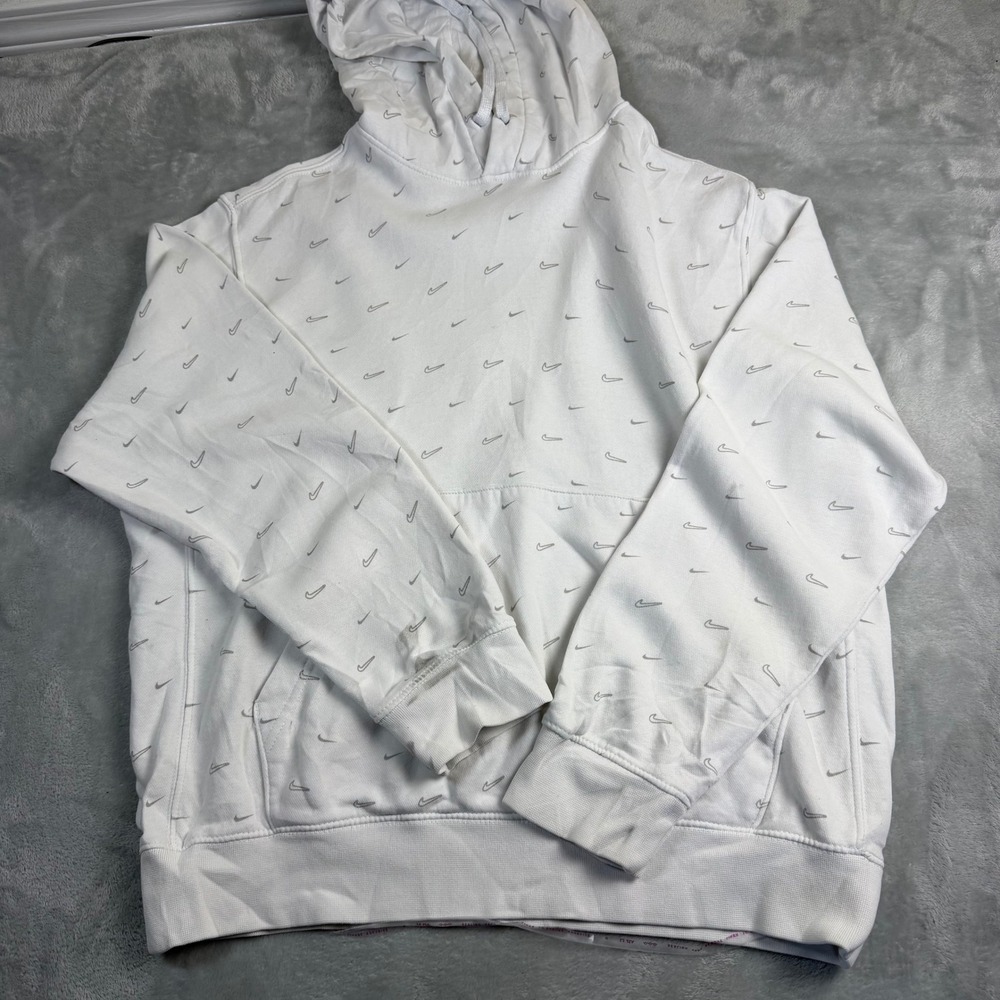 NIKE Mens M White Gray Mini Swoosh All Over Print Fleece Pullover Hoodie CJ5405